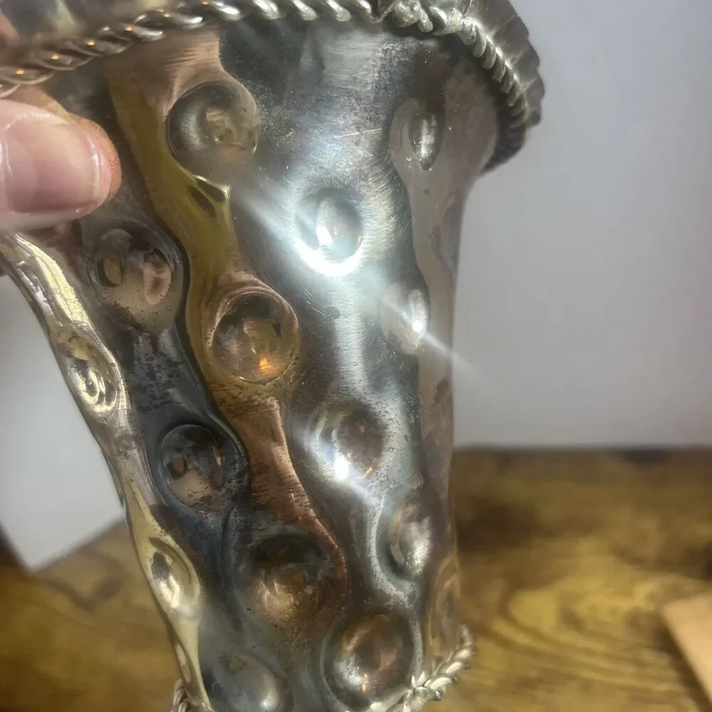 Vintage Silver Plated SNK India Dimpled Flower Basket Vase Twisted Handle 10 in